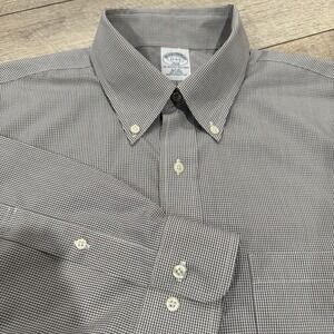 Brooks Brothers 346 Shirt Men 17-4/5 Slim Fit Non Iron Plaid Check White Black